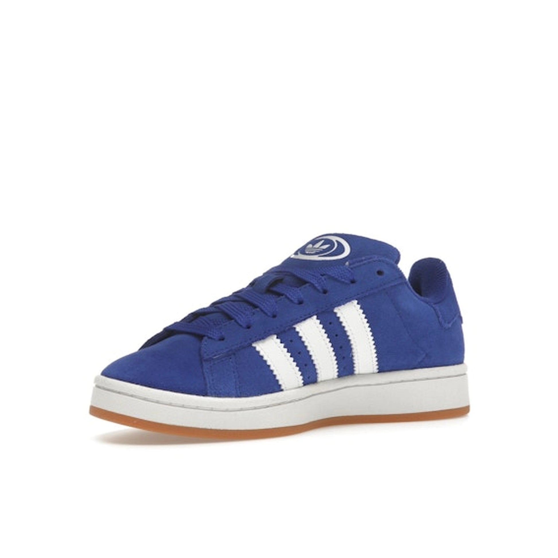 adidas Campus 00s Semi Lucid Blue White Gum, front view, in pastel blue with retro three stripes.