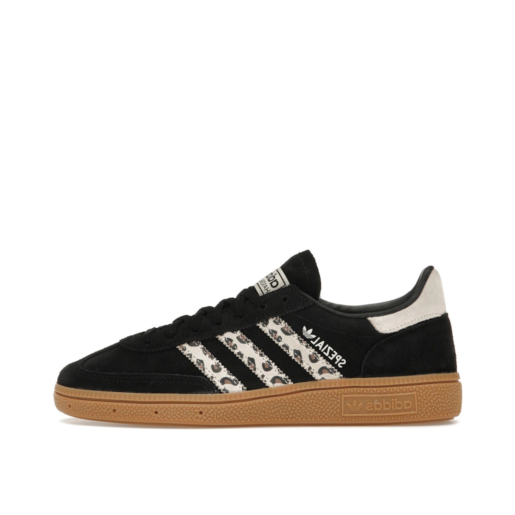 Adidas Handball Spezial Black Wonder Leopard Women's sneakers, side view, model JH9092, in black with leopard print details.