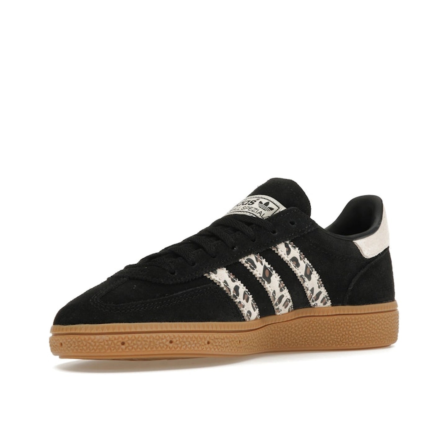 Adidas Handball Spezial Black Wonder Leopard Women's sneakers, front view, model JH9092, in black with leopard print details.