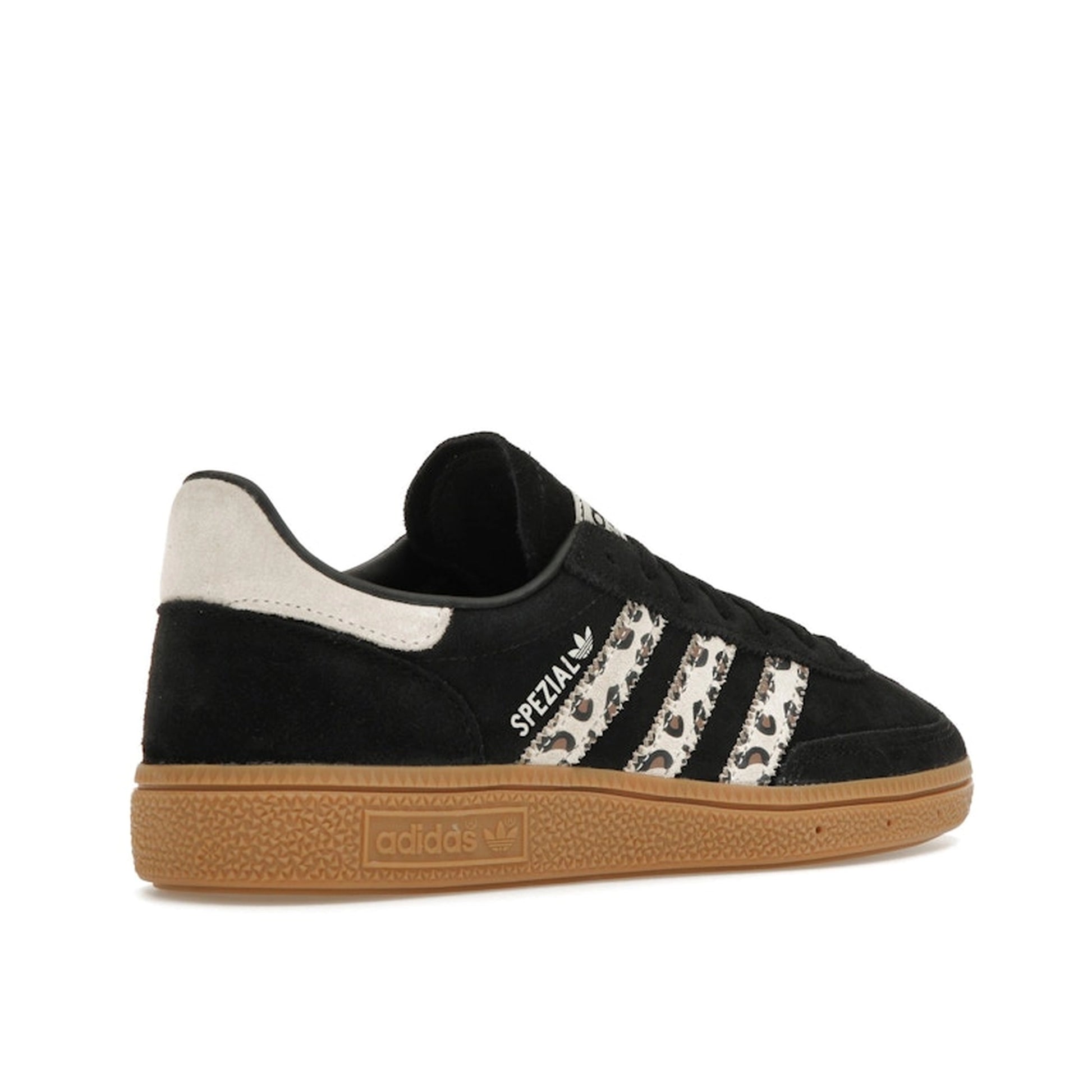 Adidas Handball Spezial Black Wonder Leopard Women's sneakers, back view, model JH9092, in black with leopard print details.