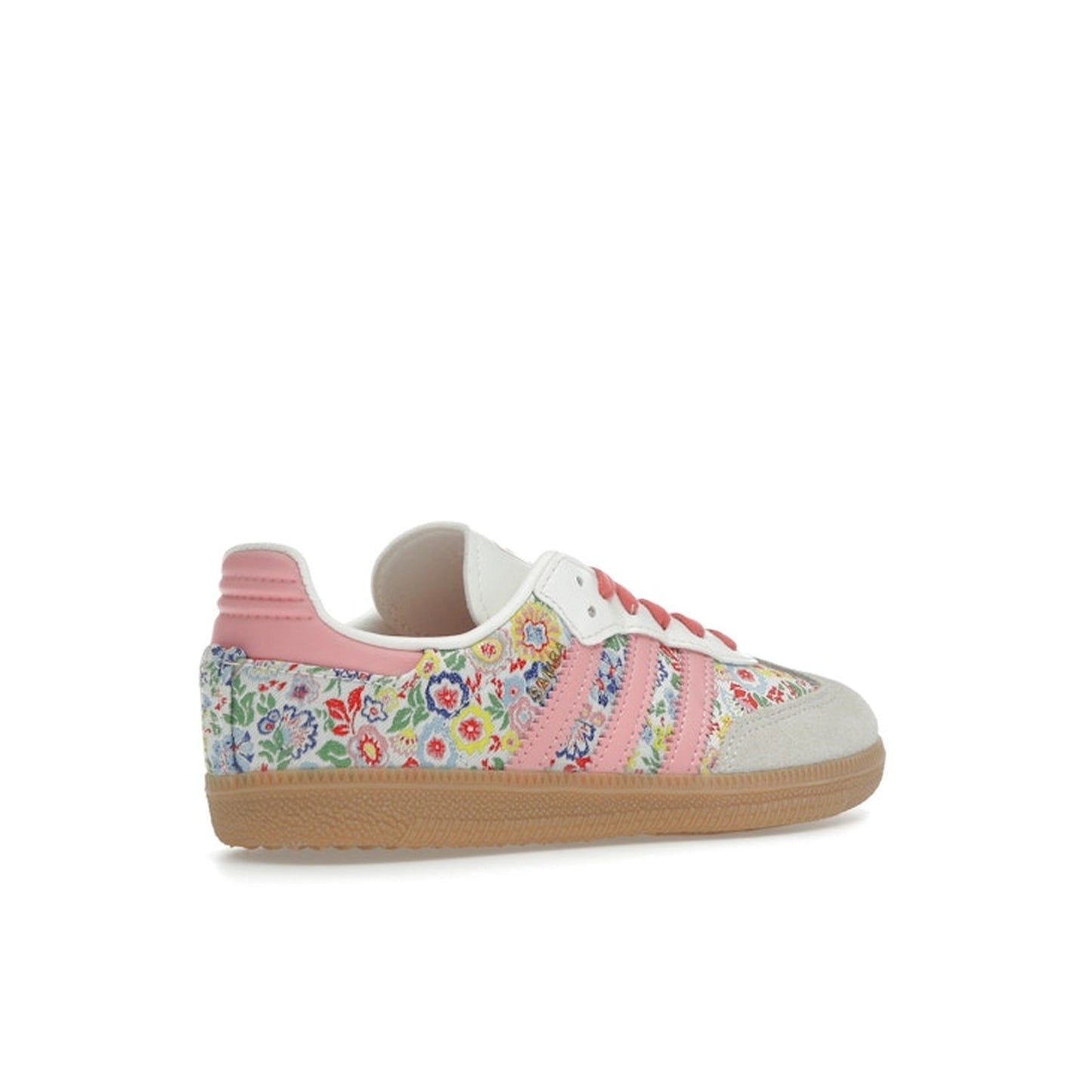 adidas Samba OG PS sneakers, back view, in white with Liberty London floral embroidery.