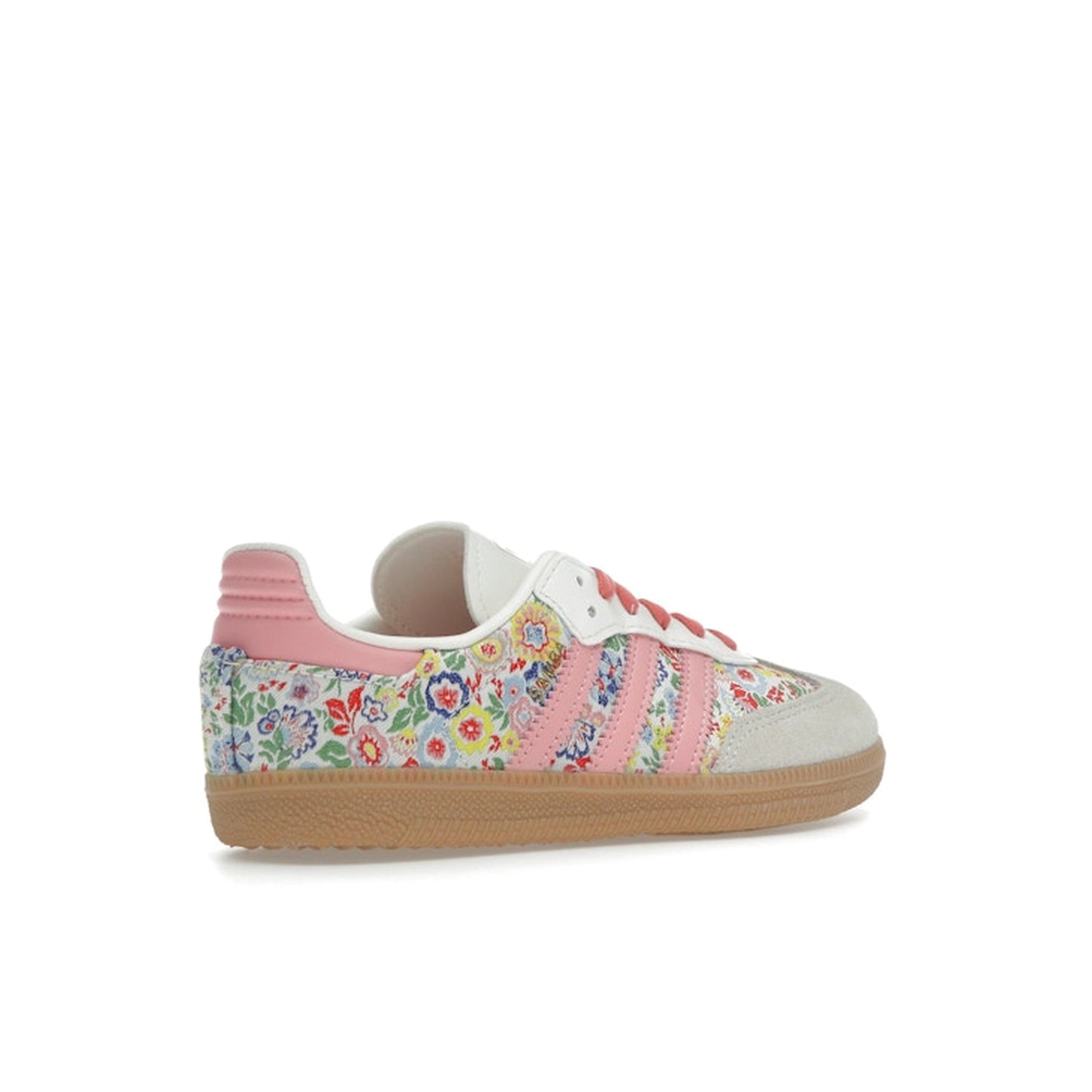 adidas Samba OG PS sneakers, back view, in white with Liberty London floral embroidery.