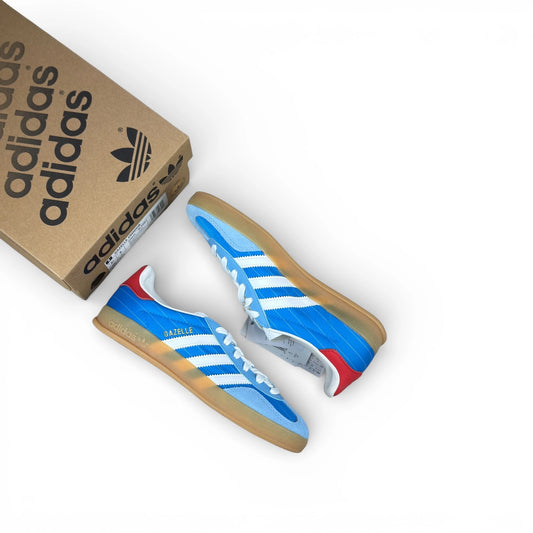 adidas Gazelle Indoor in Olympic Blue suede with white stripes and gum sole, EU 38, new with original box
