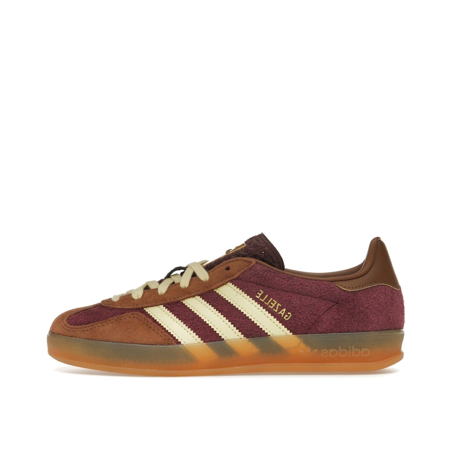 Adidas Gazelle Indoor sneakers, side view, model JI0324, in maroon with almost yellow accents.