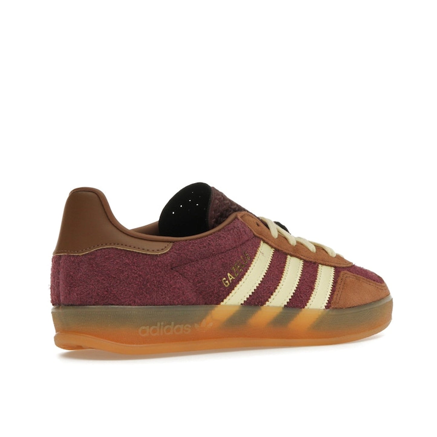 Adidas Gazelle Indoor sneakers, back view, model JI0324, in maroon with almost yellow accents.