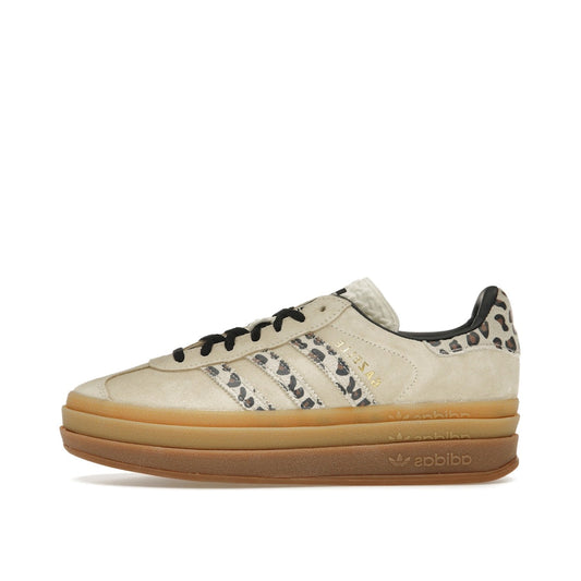 adidas Gazelle Bold sneakers, side view, model JI1370, in cream with black leopard details.
