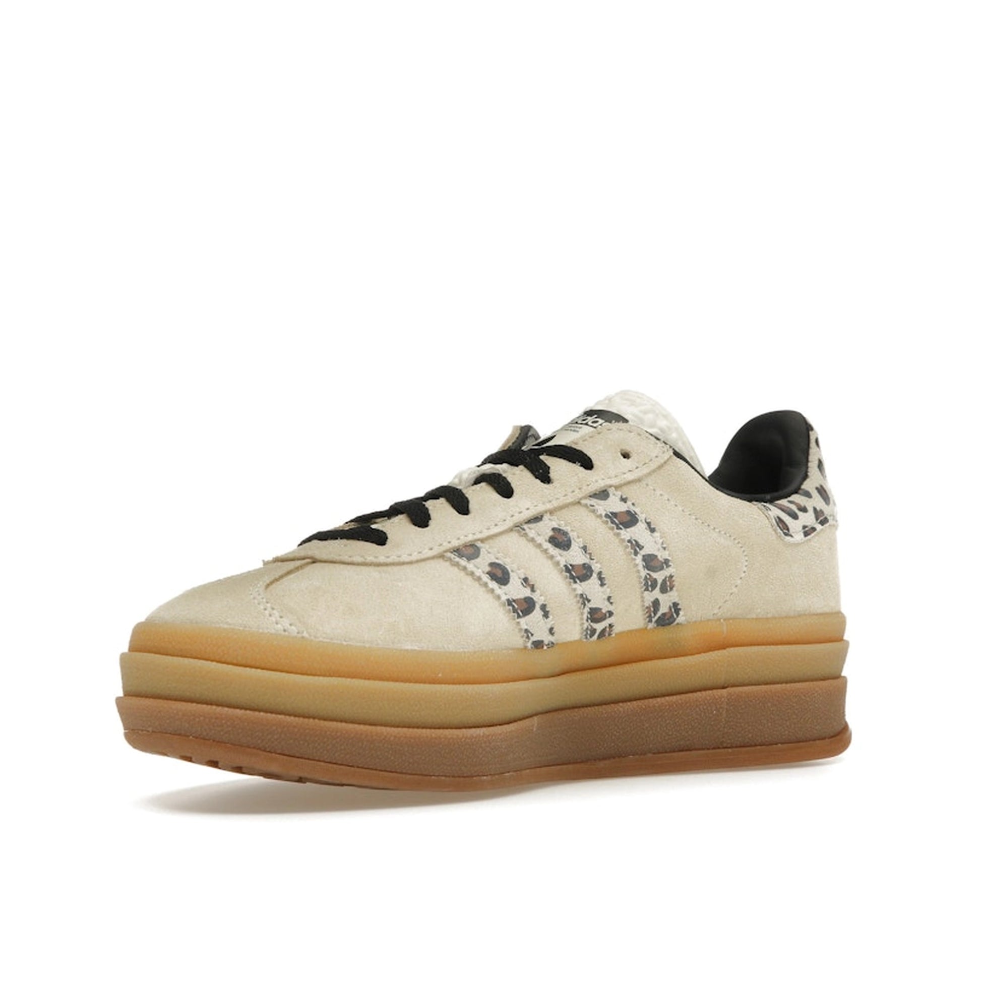 adidas Gazelle Bold sneakers, front view, model JI1370, in cream with black leopard details.
