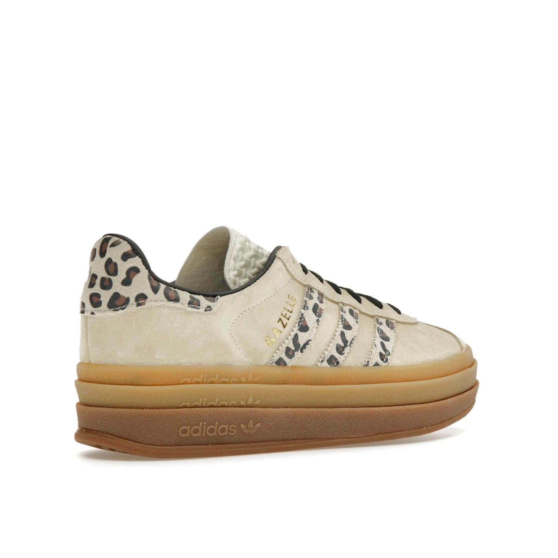 adidas Gazelle Bold sneakers, back view, model JI1370, in cream with black leopard details.
