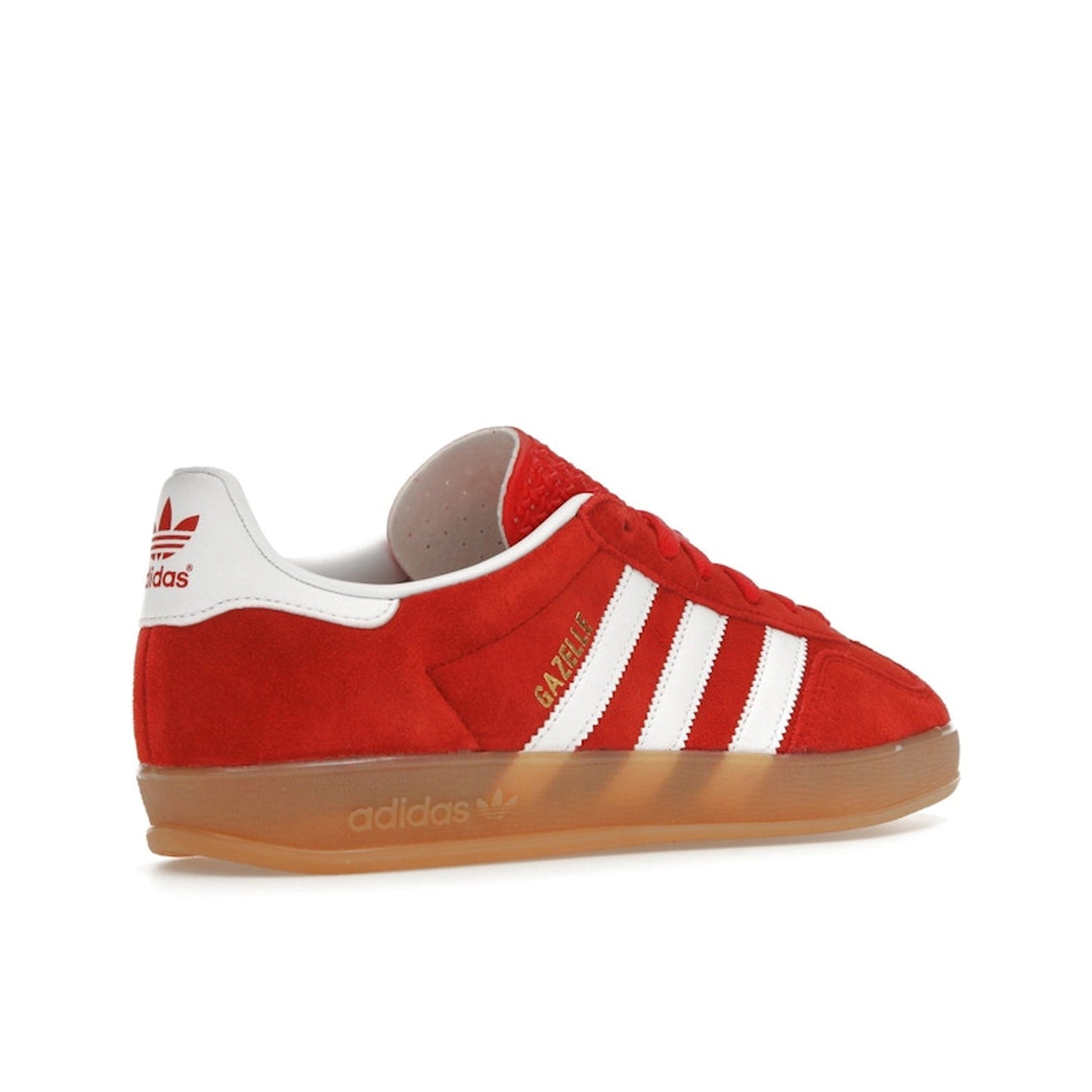 adidas Gazelle Indoor Women’s sneakers, back view, in better scarlet with white stripes and gum sole.