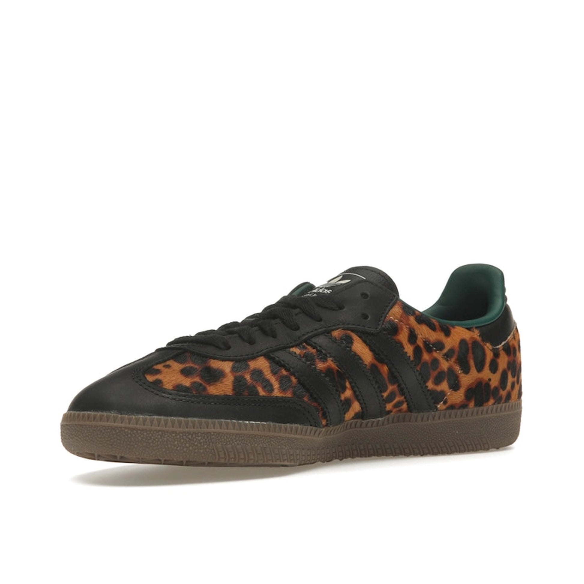 adidas Samba OG Black Green Leopard Women’s sneakers, front view, in black with green leopard print details.