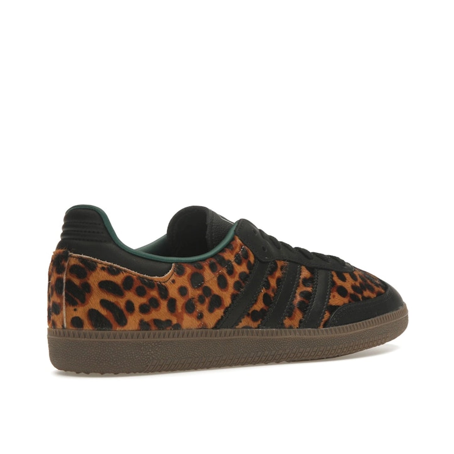 adidas Samba OG Black Green Leopard Women’s sneakers, back view, in black with green leopard print details.