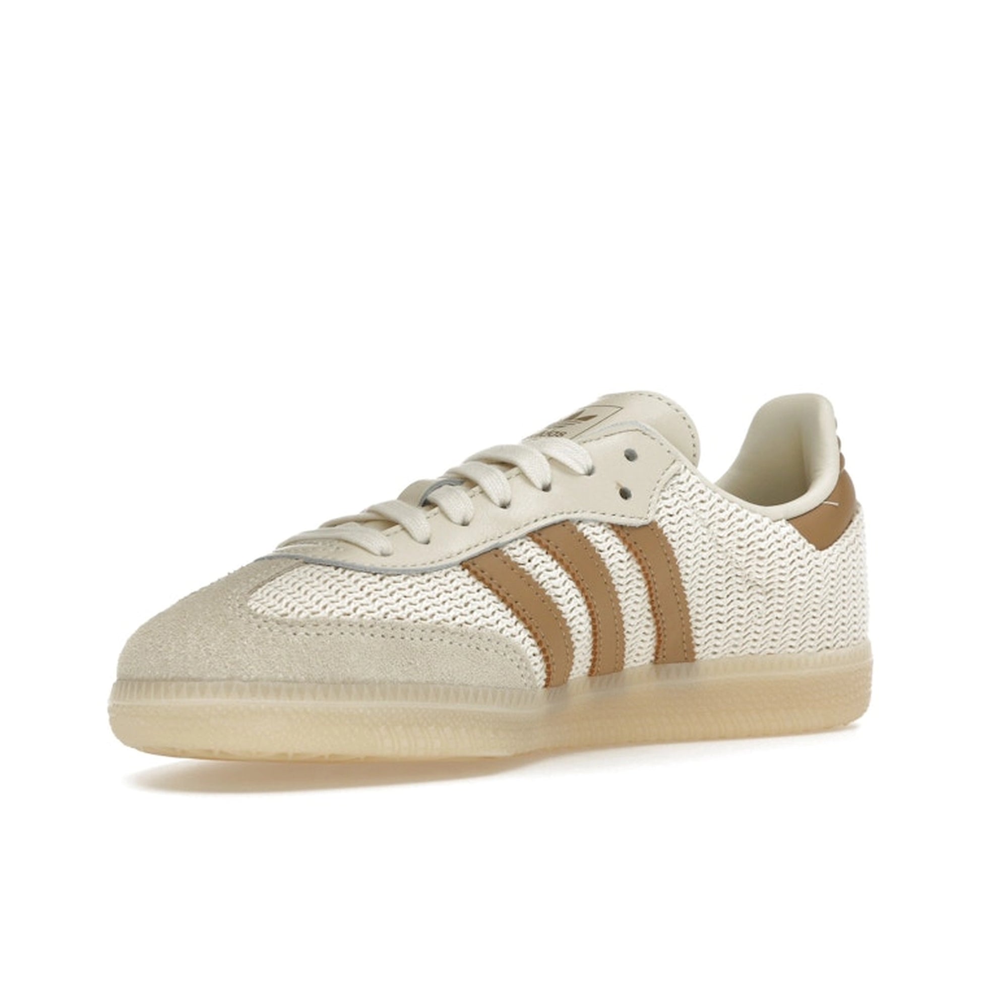 adidas Samba OG Cream White Cardboard, front view, in light beige with brown overlays.