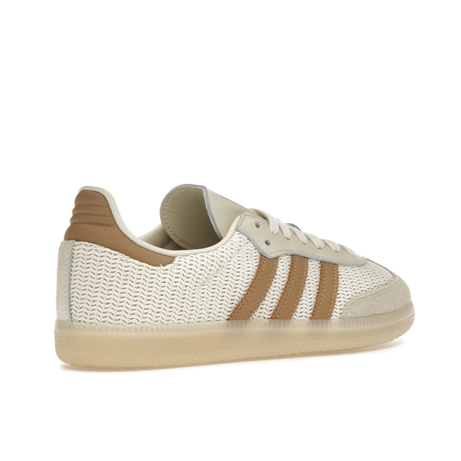 adidas Samba OG Cream White Cardboard, back view, in light beige with brown overlays.