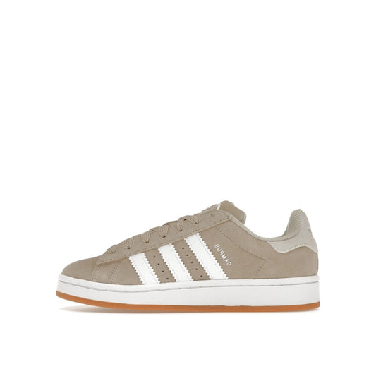 Adidas Campus 00 Wonder Beige sneakers, side view, model JI4461, in beige with white stripes.