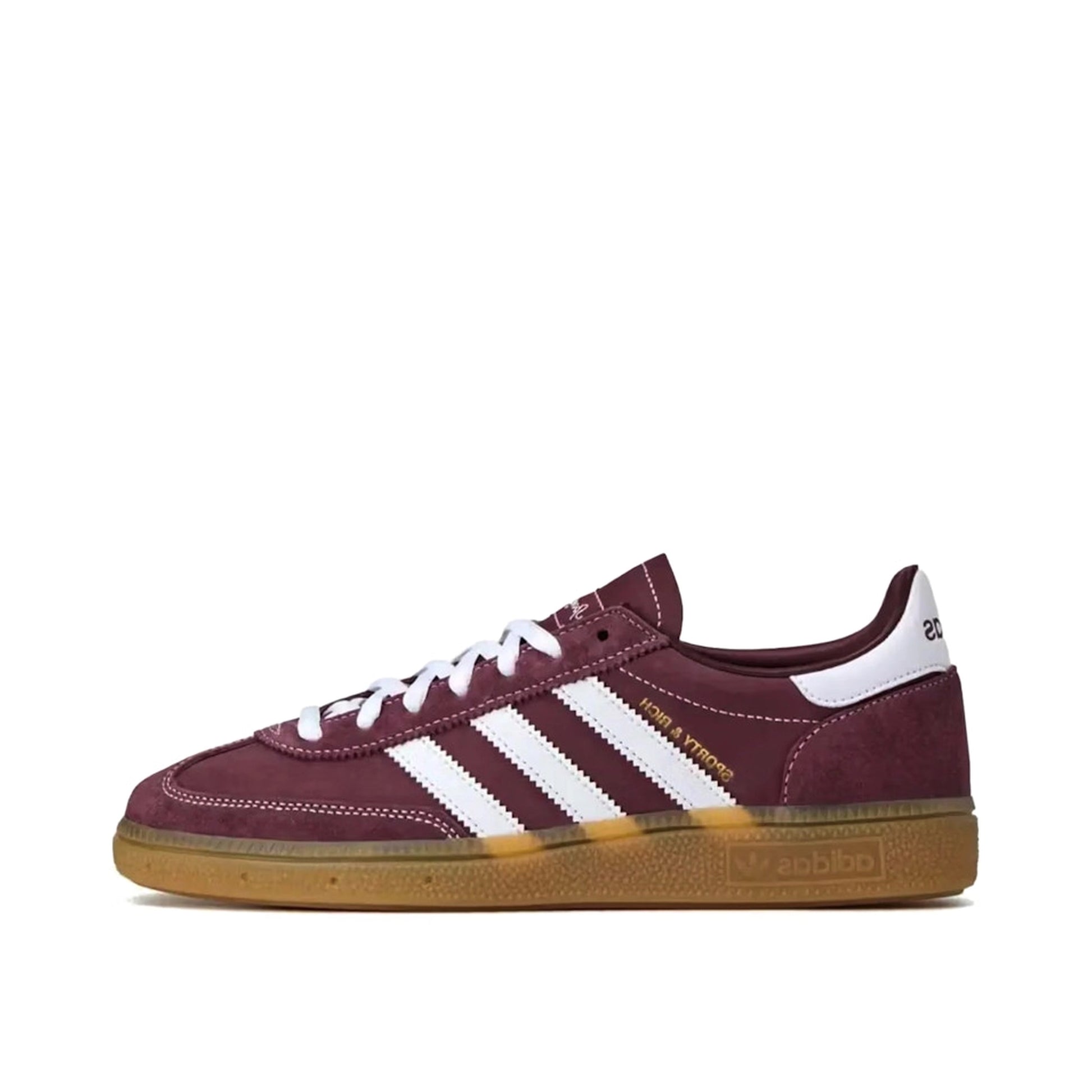 adidas Handball Spezial Sporty & Rich Shadow Red, side view, in red with classic gum sole.