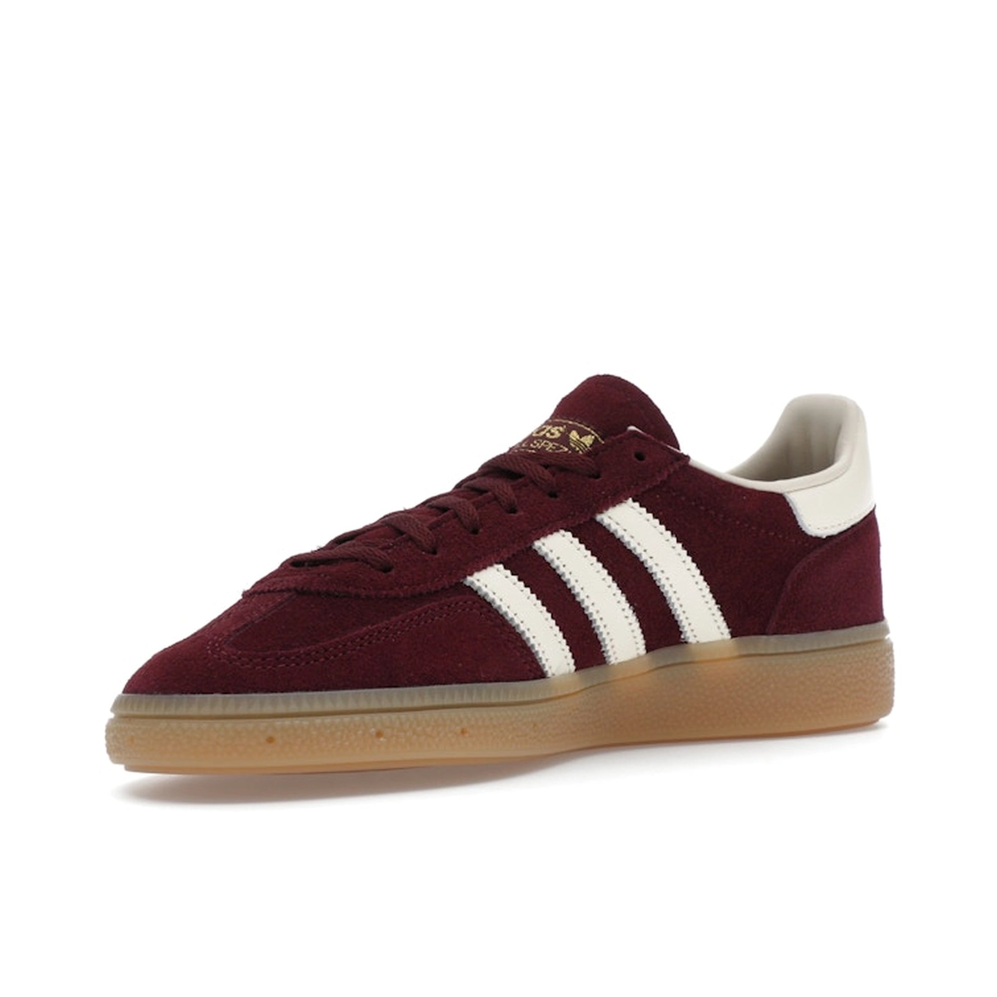 adidas Handball Spezial Maroon Cream White, front view, deep burgundy suede with cream white accents.