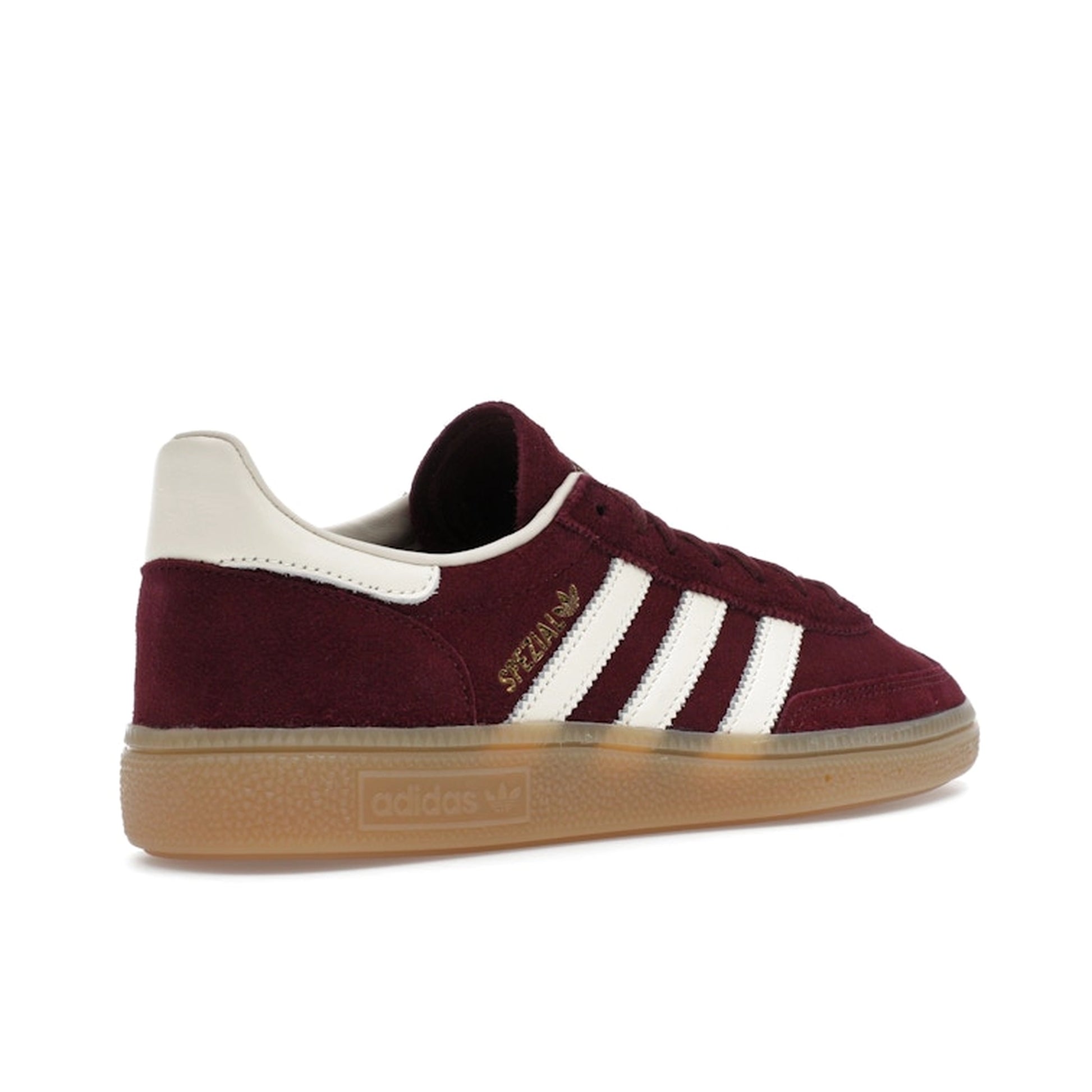 adidas Handball Spezial Maroon Cream White, back view, deep burgundy suede with cream white accents.