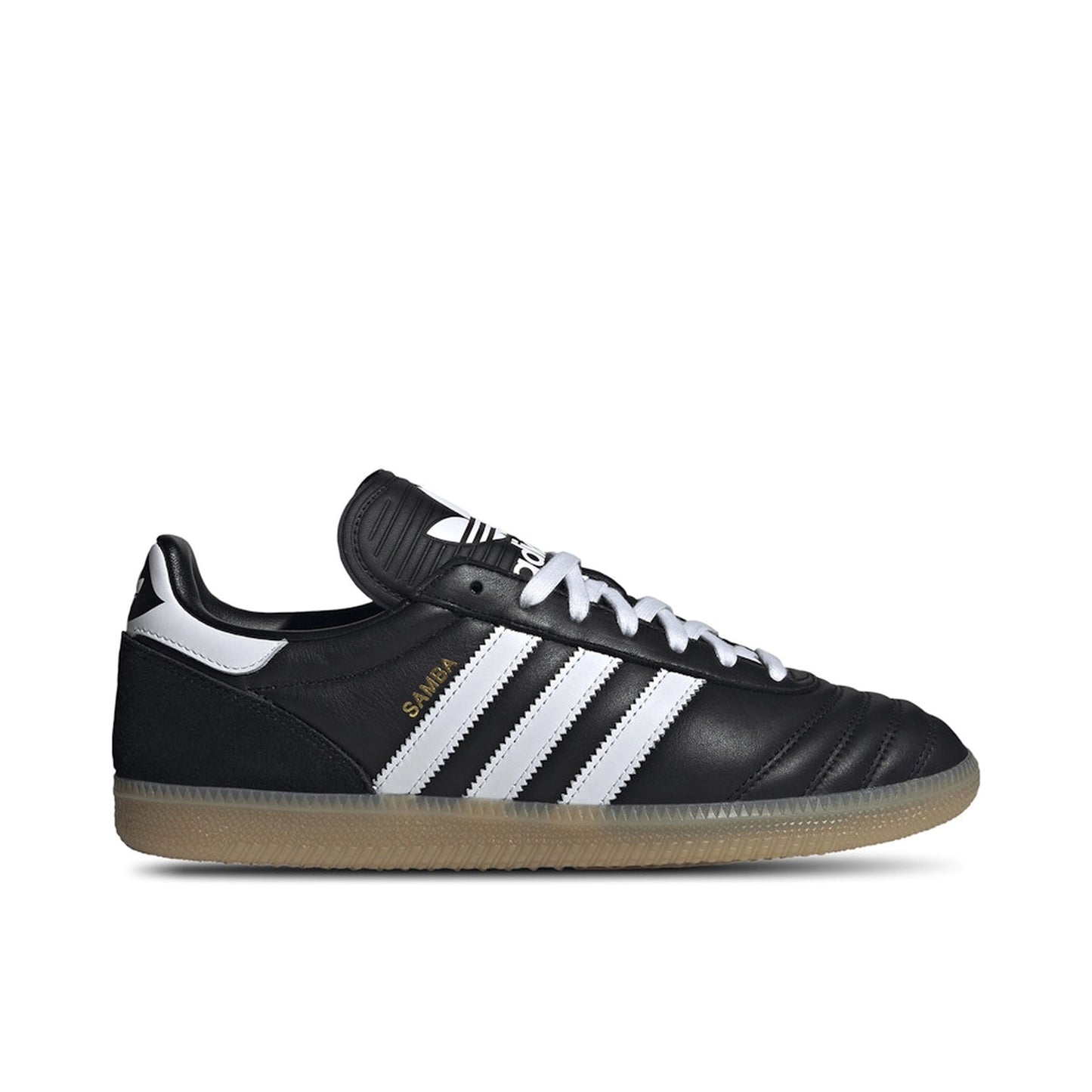 adidas Samba JP, side view, black leather upper with white stripes and gum sole.