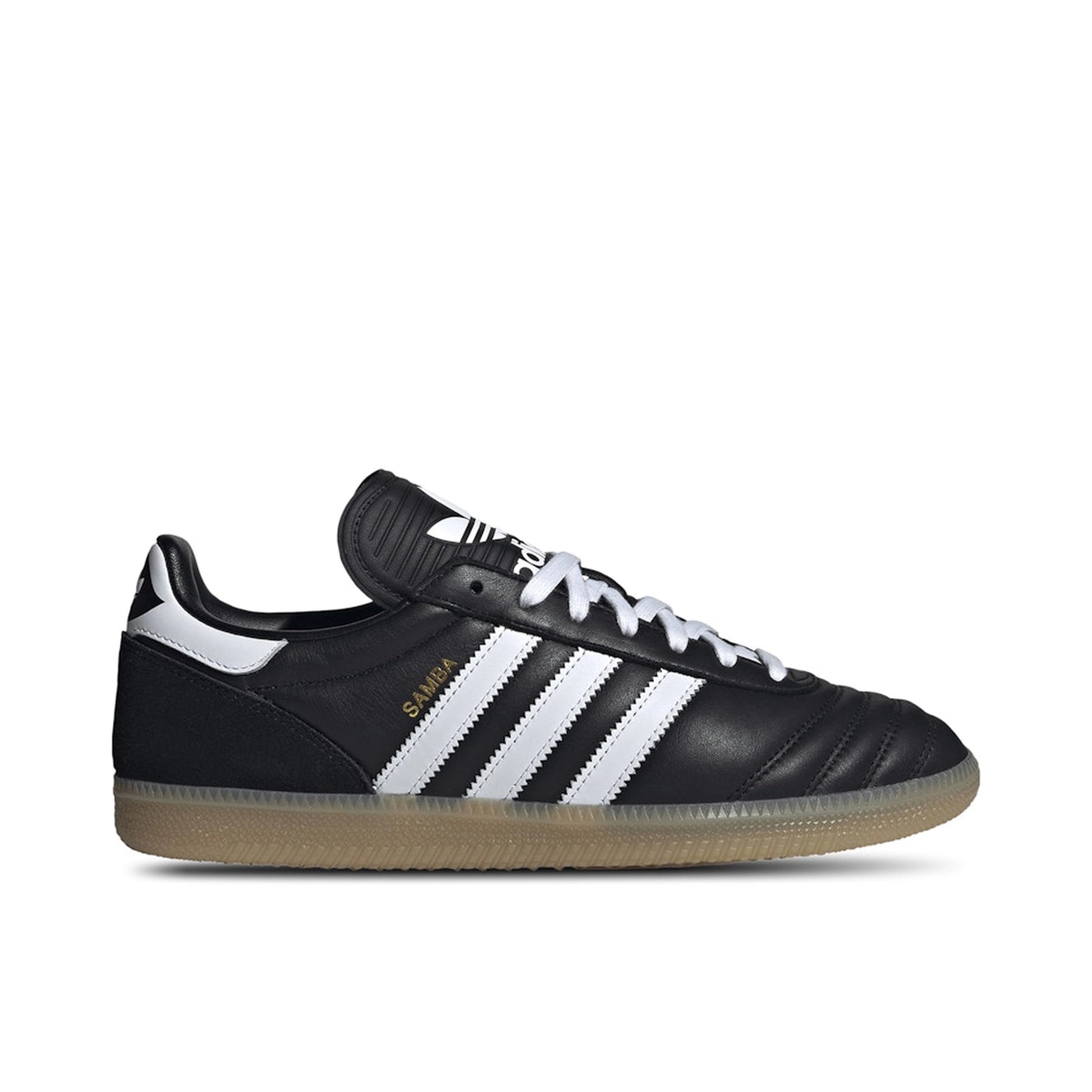 adidas Samba JP, side view, black leather upper with white stripes and gum sole.