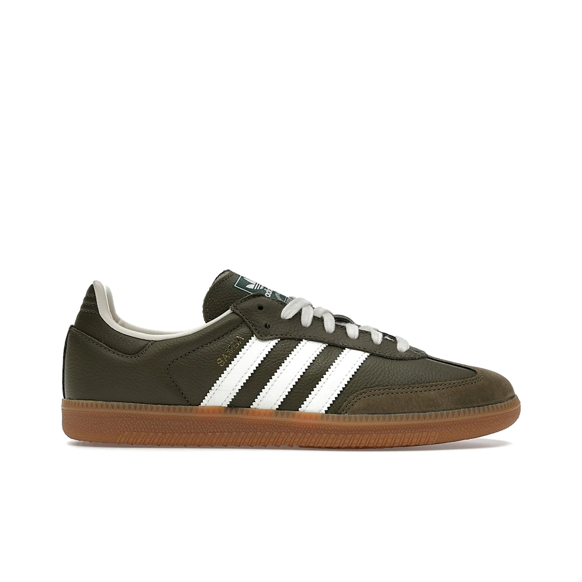 adidas Samba OG sneakers in medium raw khaki suede with off‑white accents and gum sole