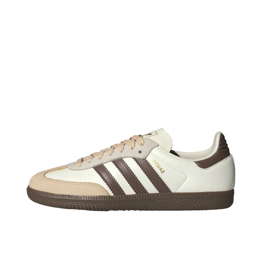 adidas Samba OG Off White Earth Strata, side view, smooth leather and suede with gum sole.