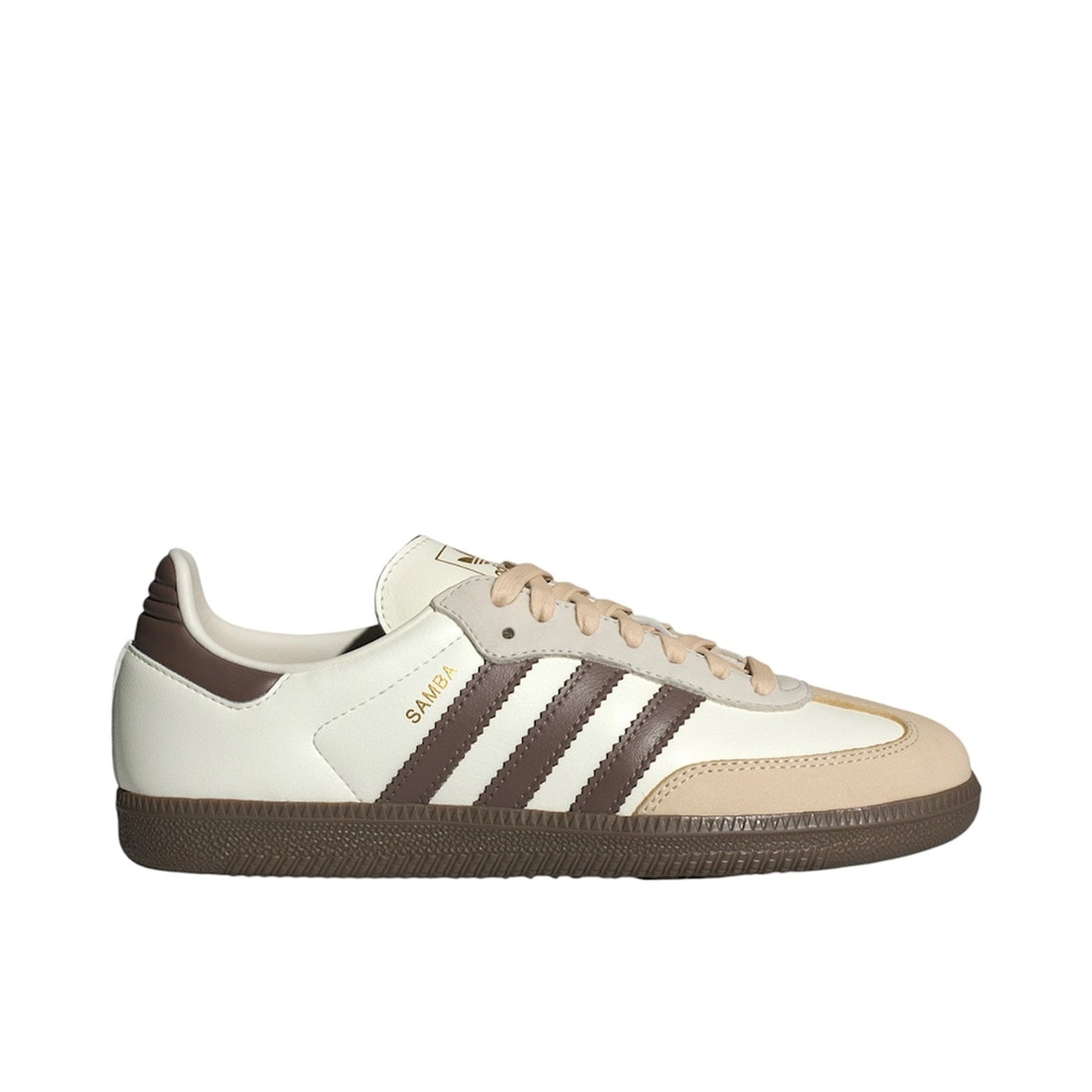 adidas Samba OG Off White Earth Strata, side view, smooth leather and suede with gum sole.