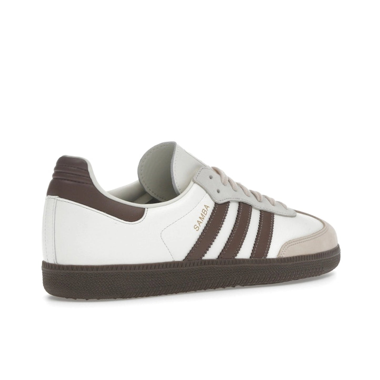adidas Samba OG Off White Earth Strata, back view, smooth leather and suede with gum sole.
