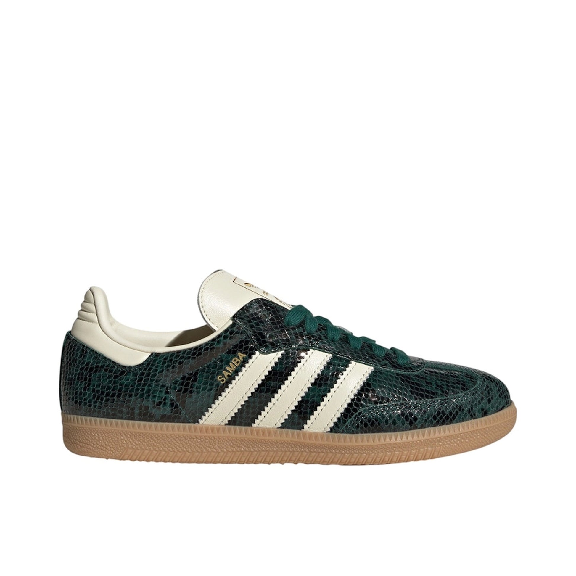 adidas Samba OG Snakeskin, side view, collegiate green upper with faux snakeskin texture and cream accents.