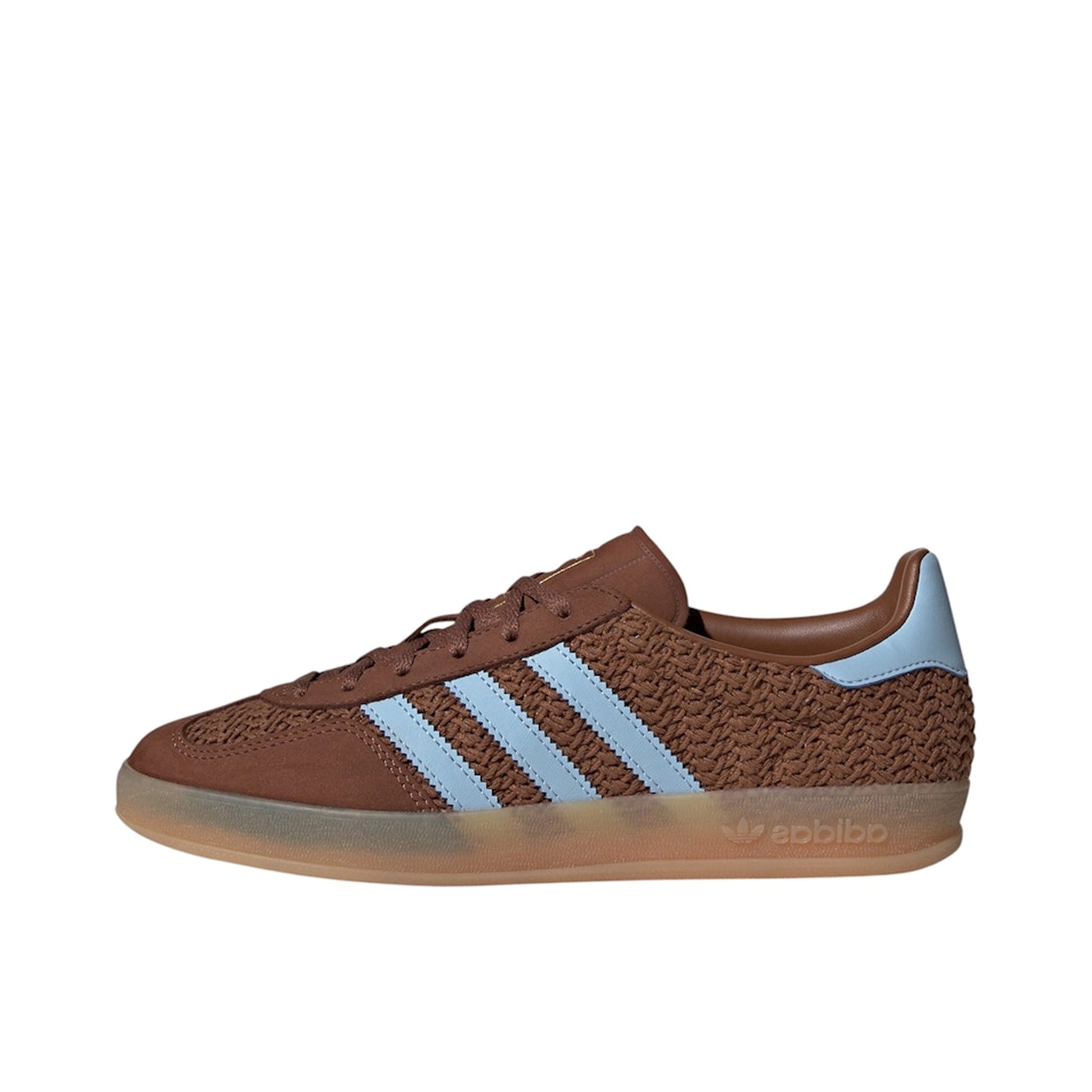 adidas Gazelle Indoor Preloved Brown, side view, with light blue stripes and gum sole.