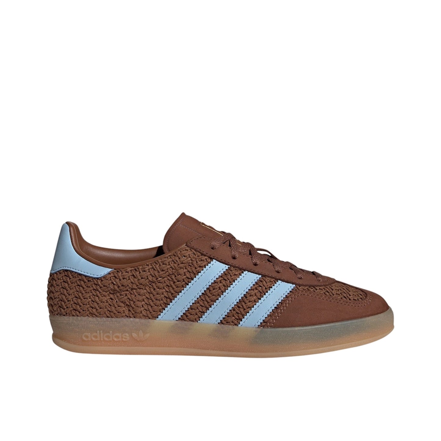 adidas Gazelle Indoor Preloved Brown, side view, with light blue stripes and gum sole.