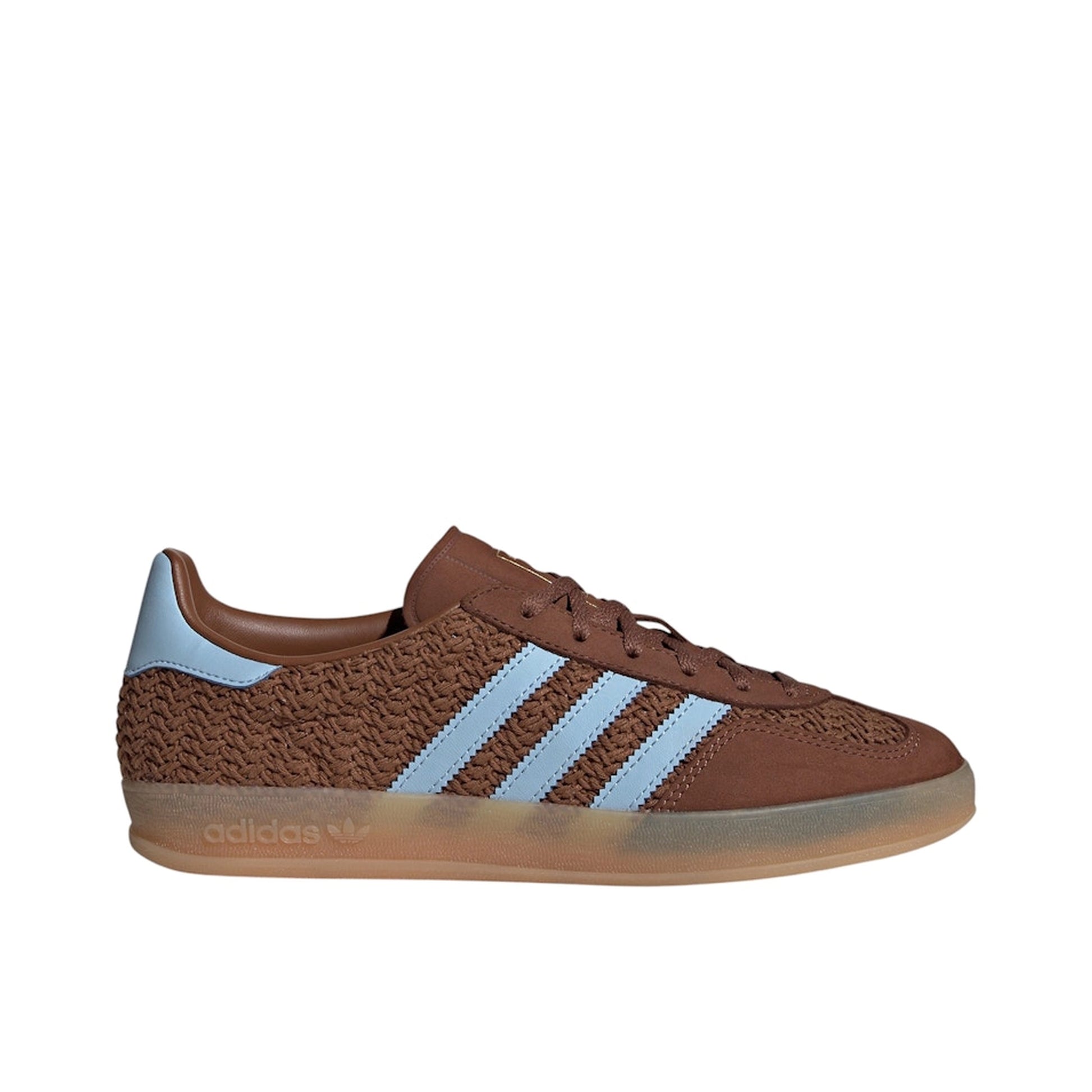 adidas Gazelle Indoor Preloved Brown, side view, with light blue stripes and gum sole.