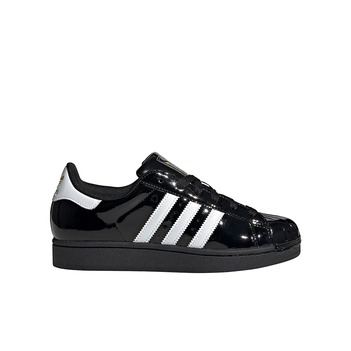 adidas Superstar II women's shoes in black leather with white cloud accents and gold metallic detailing