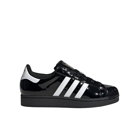 adidas Superstar II women's shoes in black leather with white cloud accents and gold metallic detailing