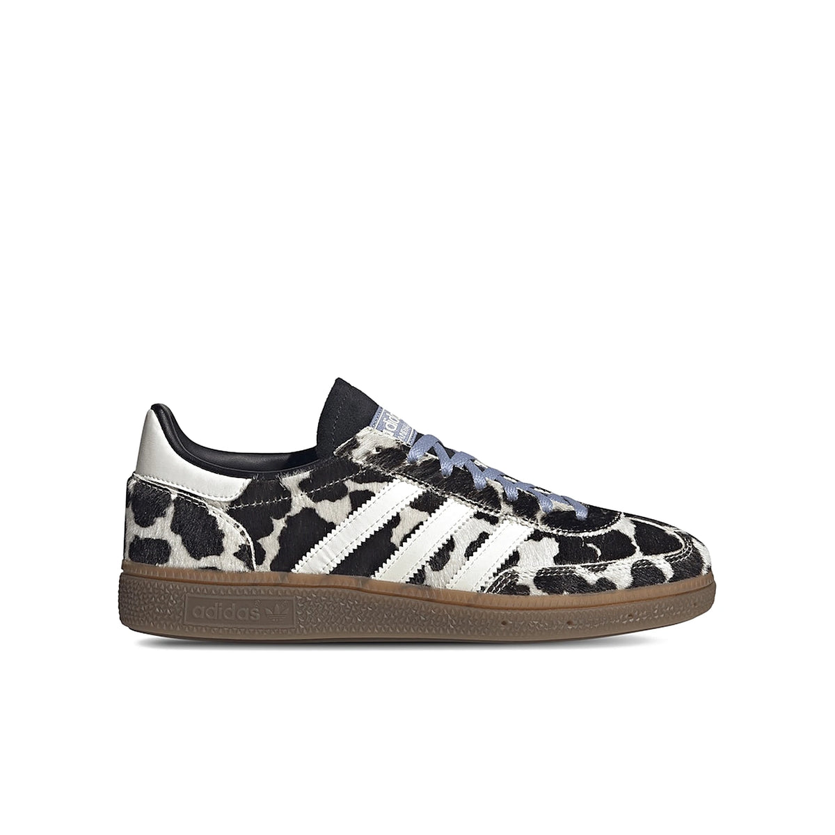 adidas Handball Spezial Cow Print Chalk Blue women's shoes in black, off‑white and chalk blue suede
