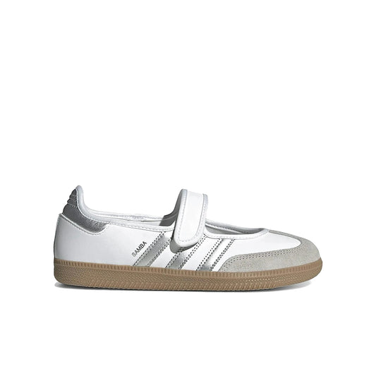 adidas Samba Jane women's shoes in white leather with silver metallic accents and gum sole