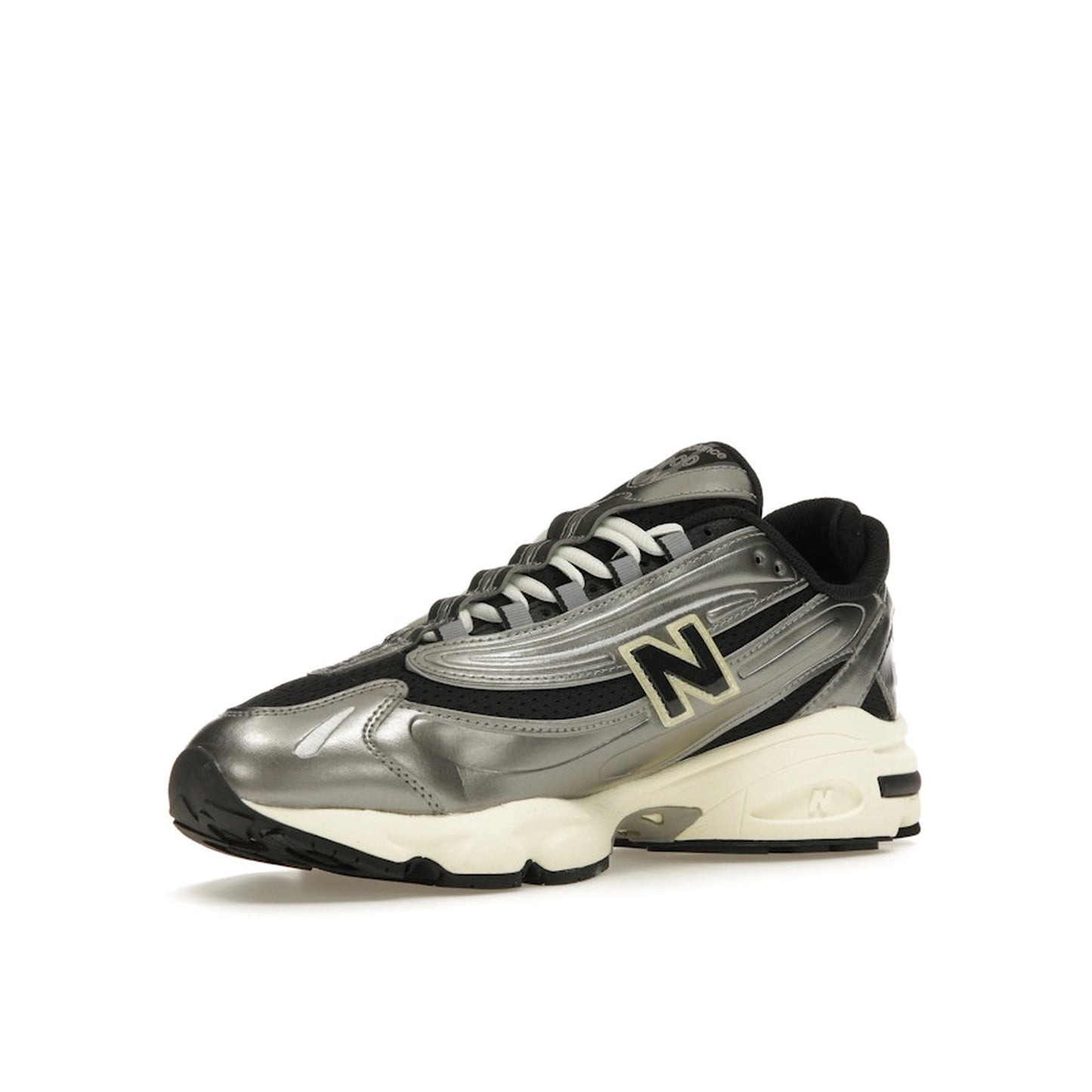 New Balance 1000 sneakers, front view, model M1000SL, silver metallic with grey accents.