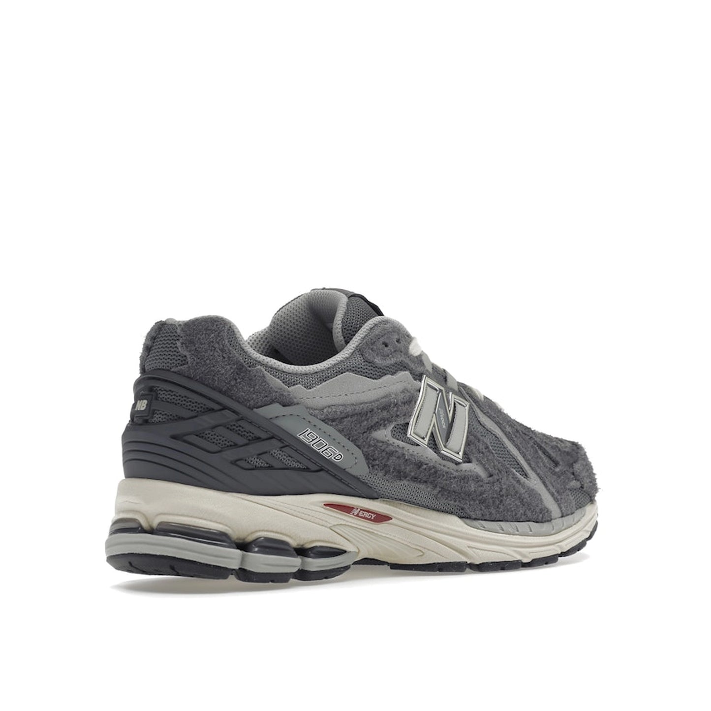 New Balance 1906D Protection Pack sneakers, back view, model M1906DA in harbor grey with black and white details.