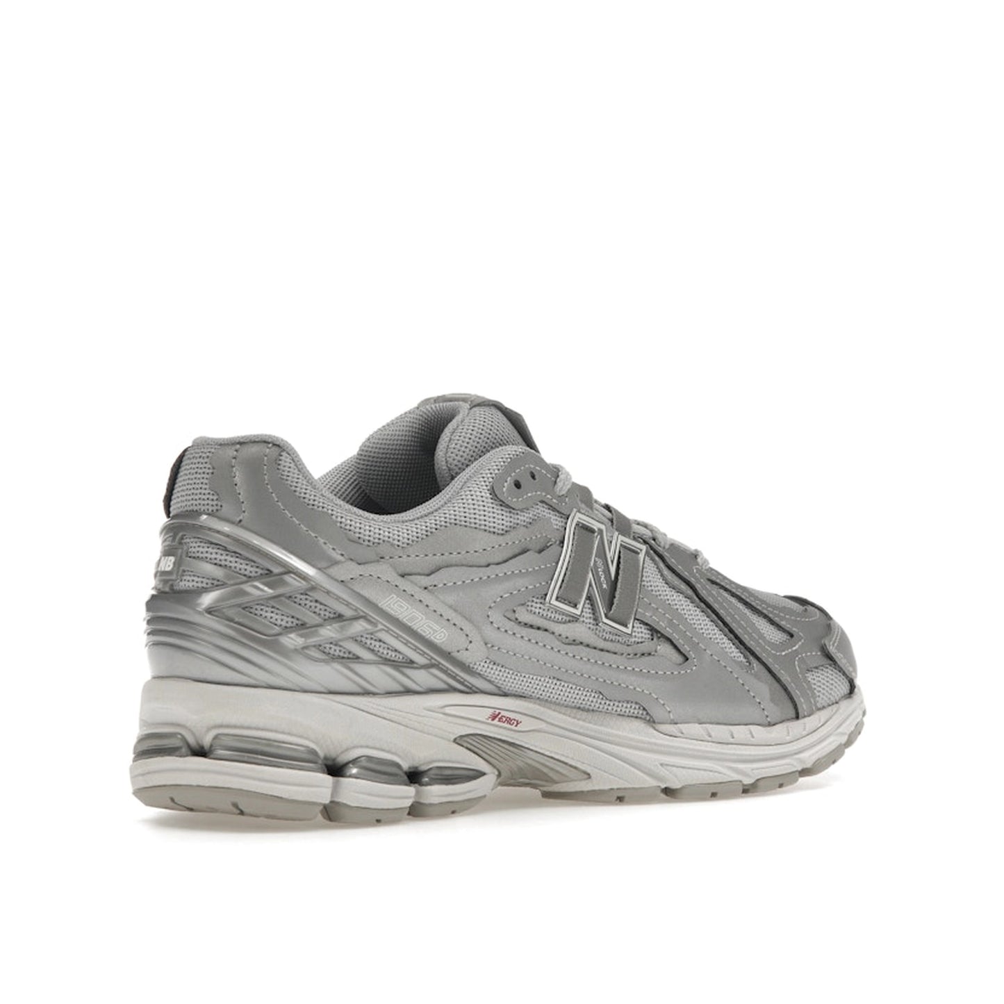 New Balance 1906D Protection Pack sneakers, back view, model M1906DH-1 in silver metallic with grey and white accents.