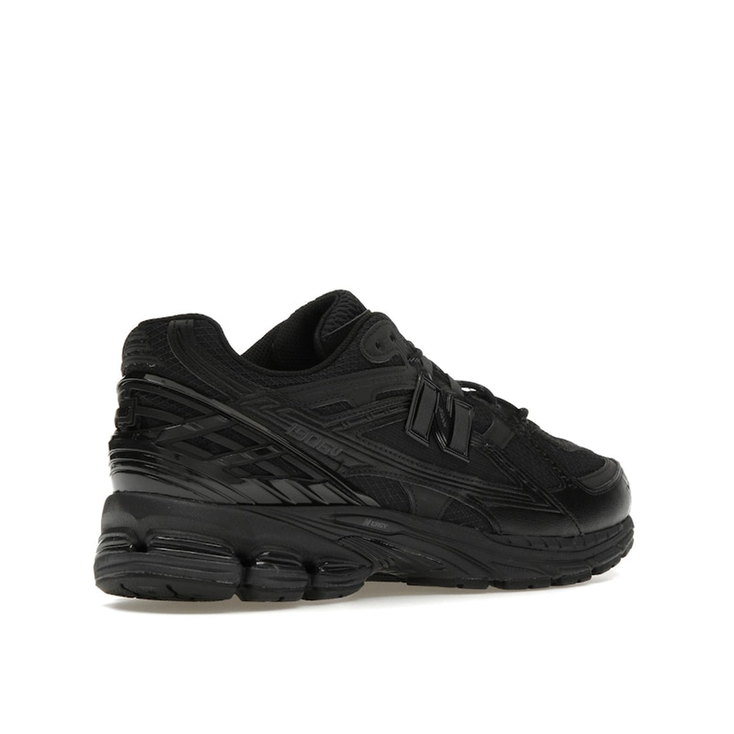 New Balance 1906U Triple Black sneakers, back view, in black with tonal elements.
