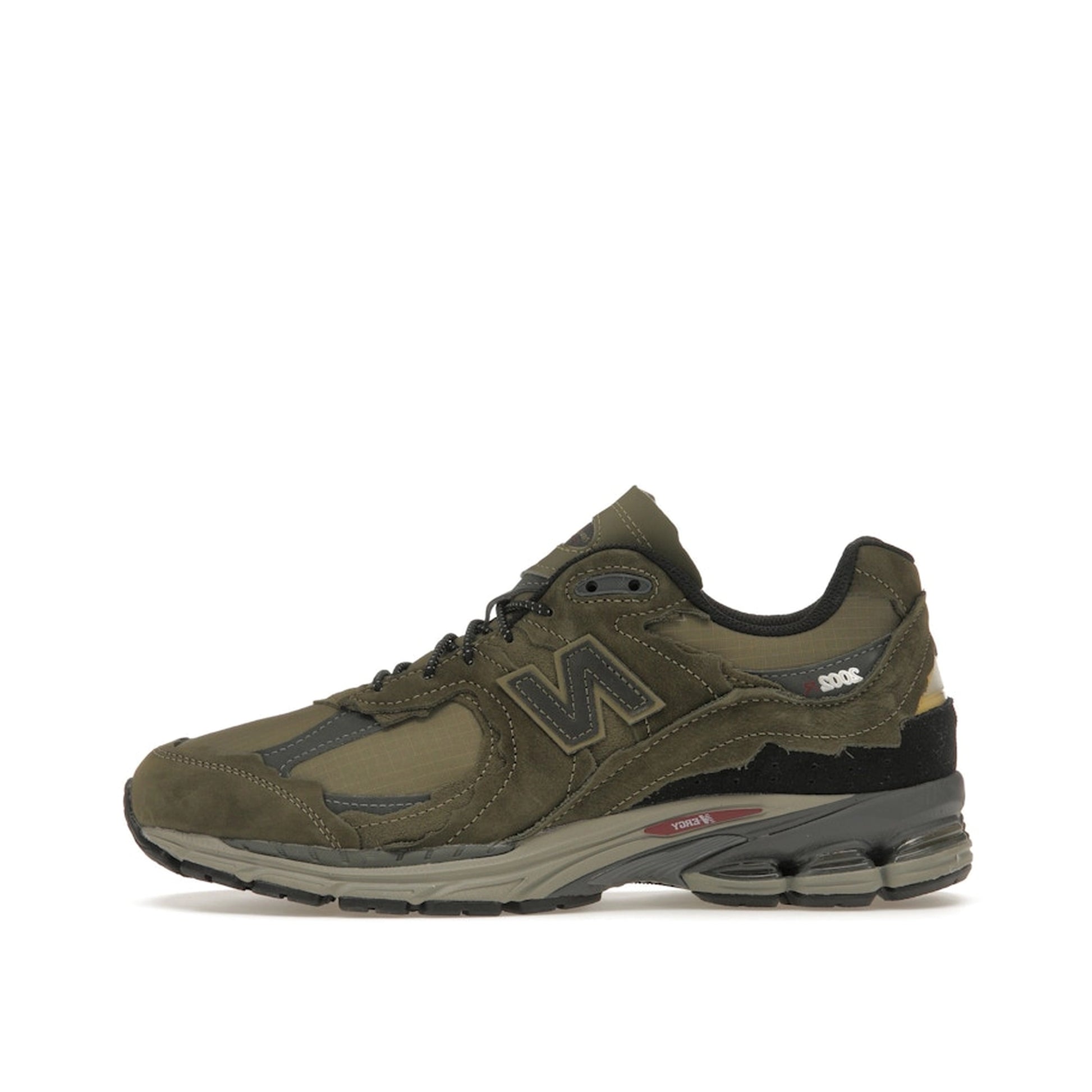 New Balance 2002R Protection Pack sneakers, side view, model M2002RDN in dark moss with grey and black details.