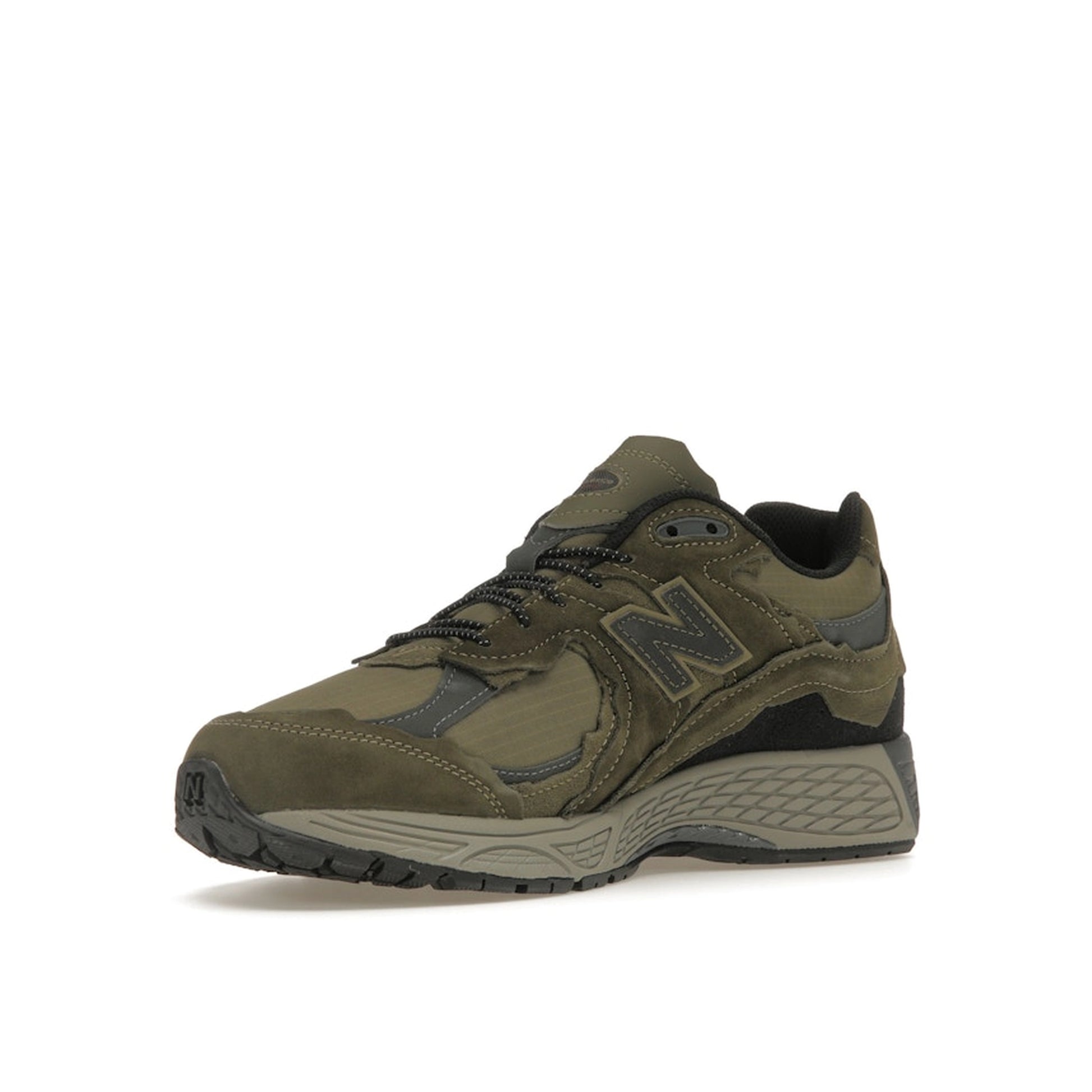 New Balance 2002R Protection Pack sneakers, front view, model M2002RDN in dark moss with grey and black details.