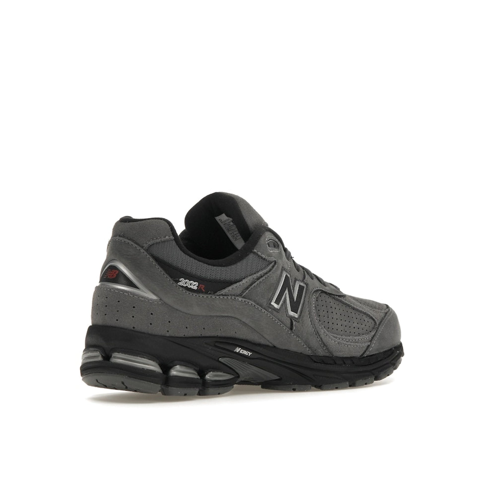 New Balance 2002R sneakers, back view, model M2002REH in castlerock with black details.