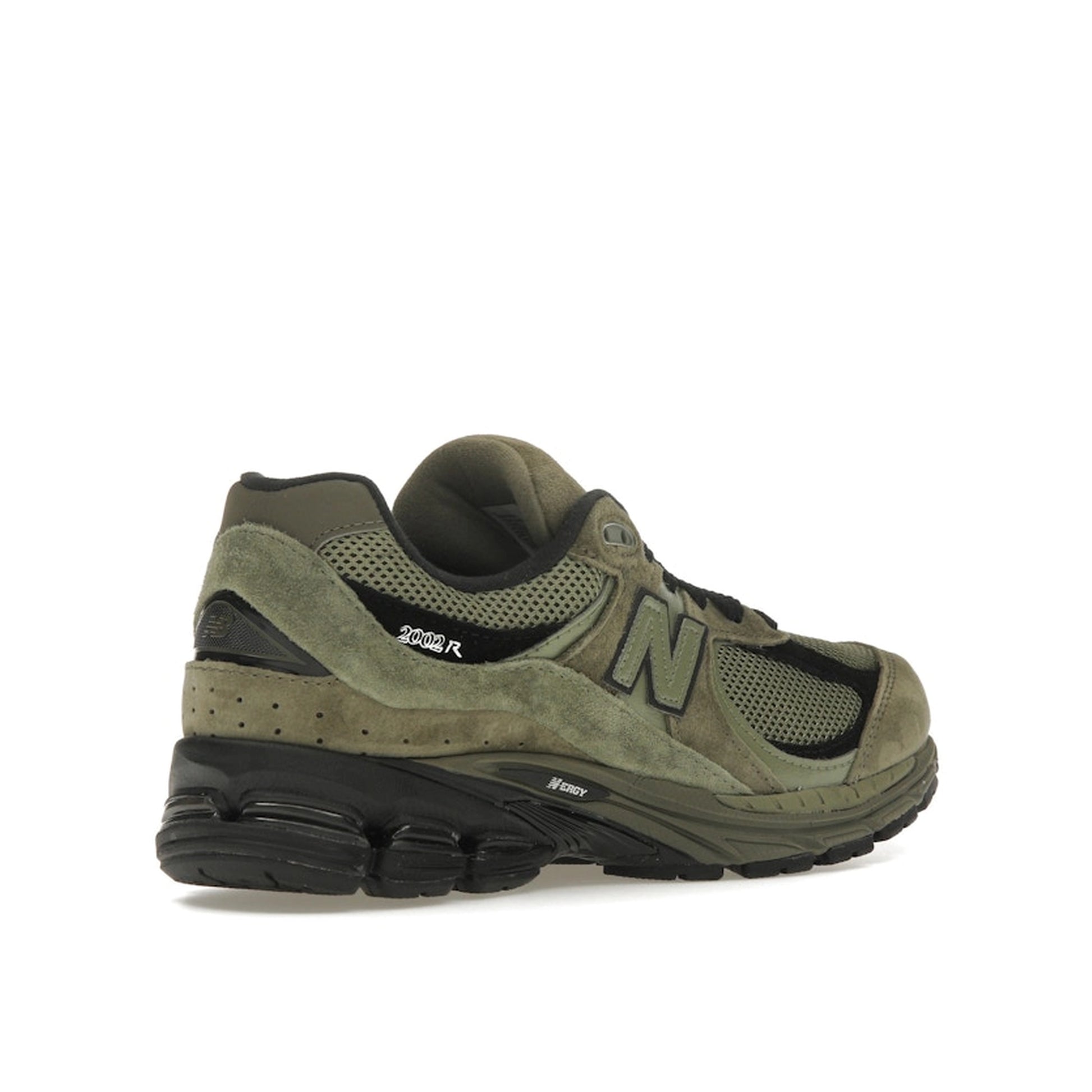 New Balance 2002R sneakers, back view, in dark camo with tonal olive suede and mesh.