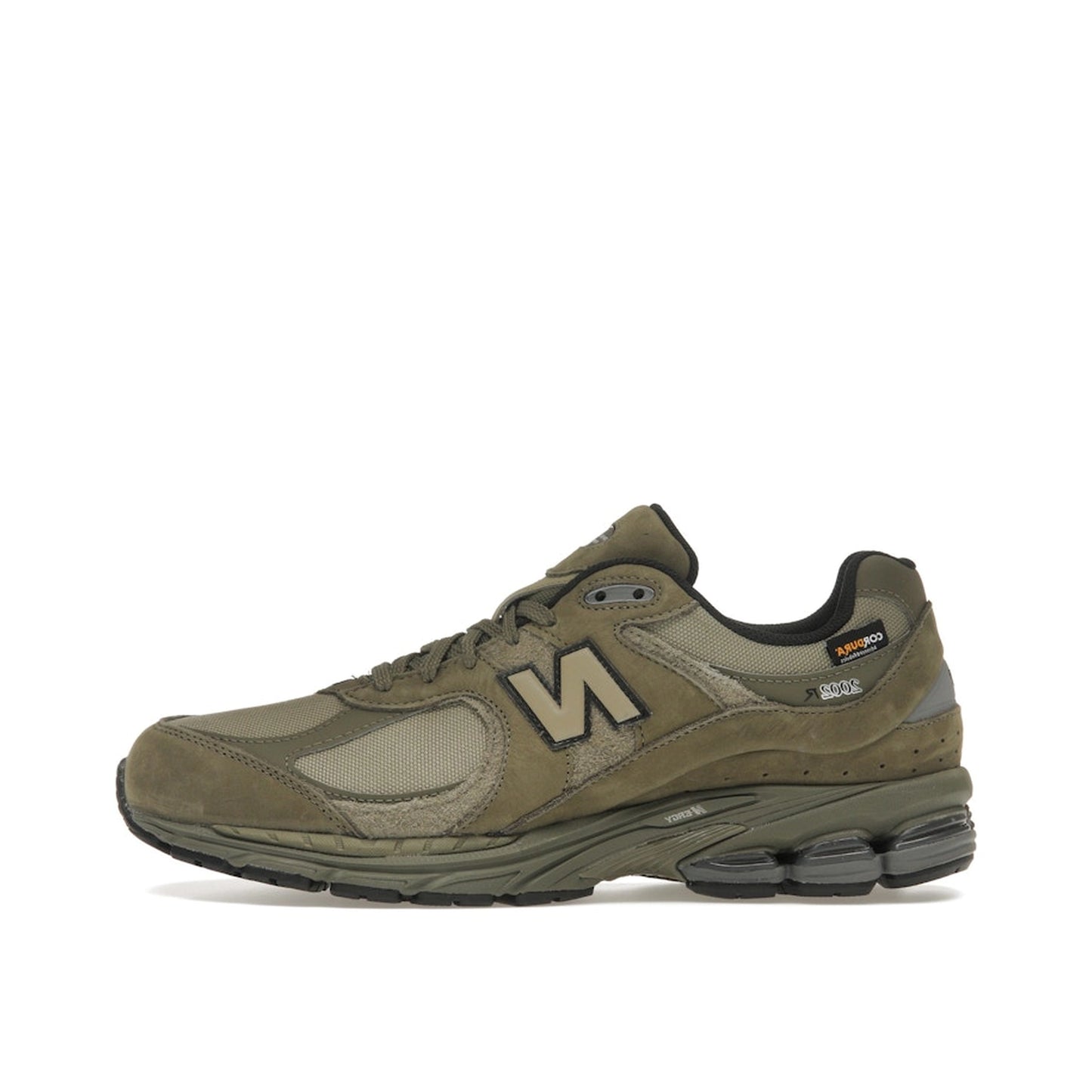 New Balance 2002R, side view, in olive with Cordura fabric and tonal overlays.