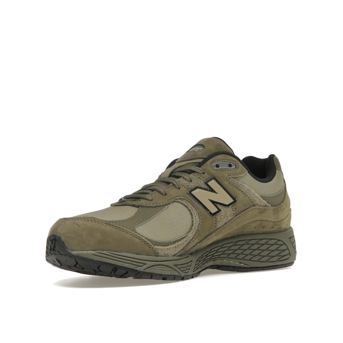 New Balance 2002R, front view, in olive with Cordura fabric and tonal overlays.