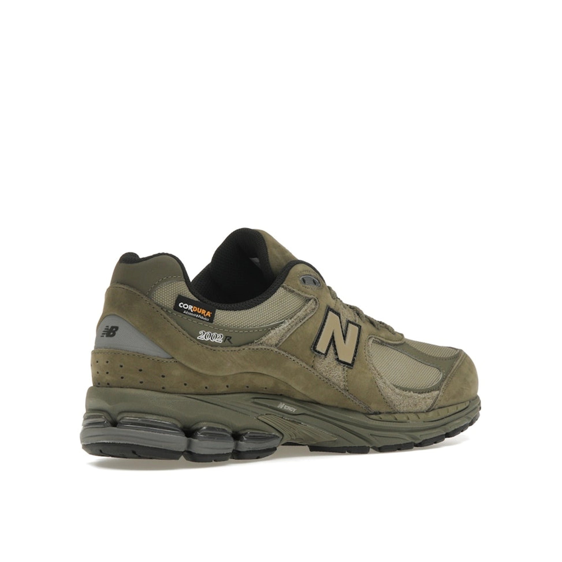 New Balance 2002R, back view, in olive with Cordura fabric and tonal overlays.