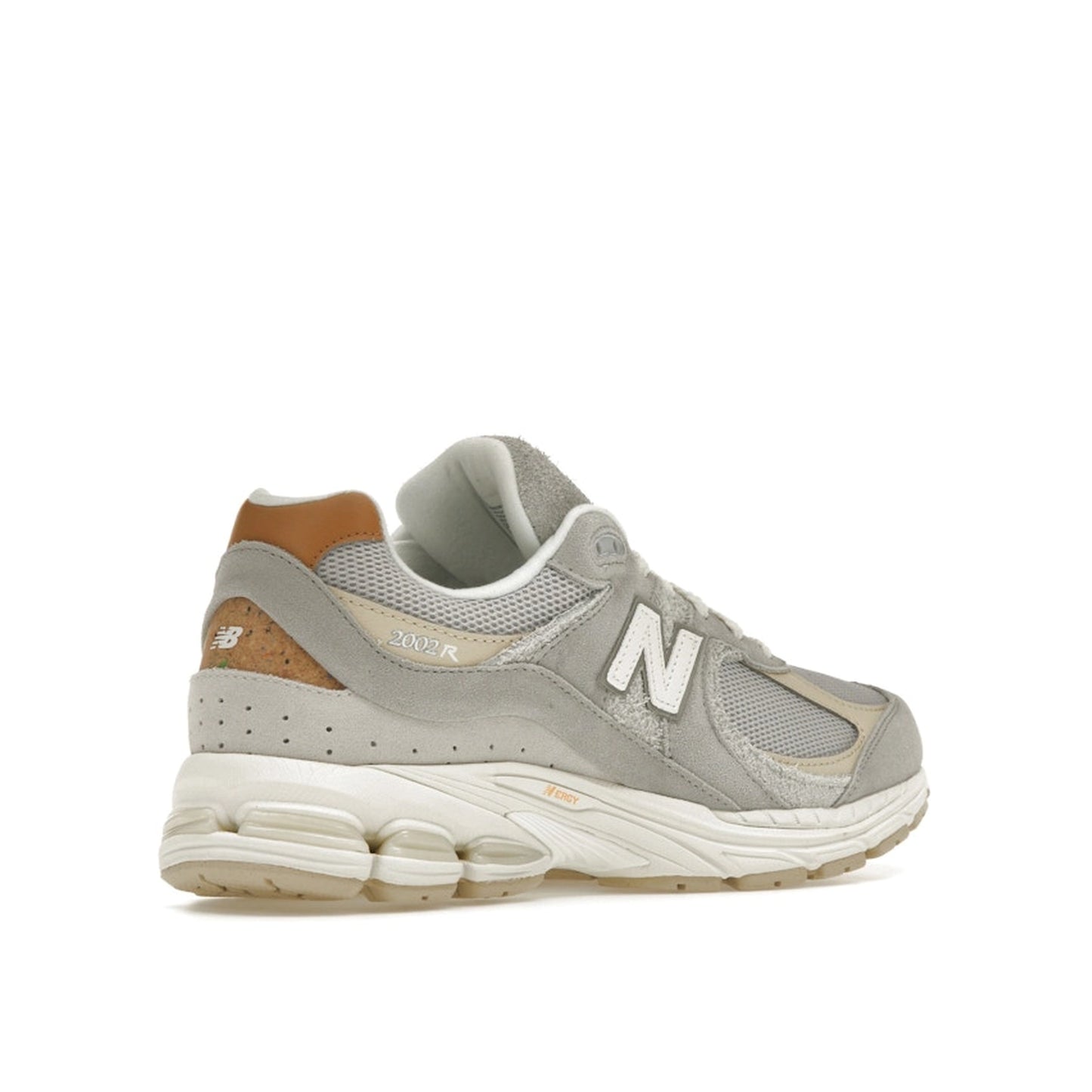 New Balance 2002R Concrete Grey sneakers, back view, in grey with tonal overlays.