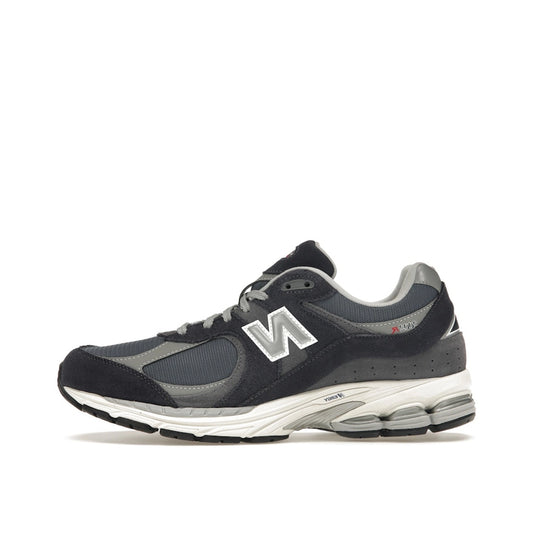 New Balance 2002R, side view, in eclipse and raincloud with suede and mesh upper.