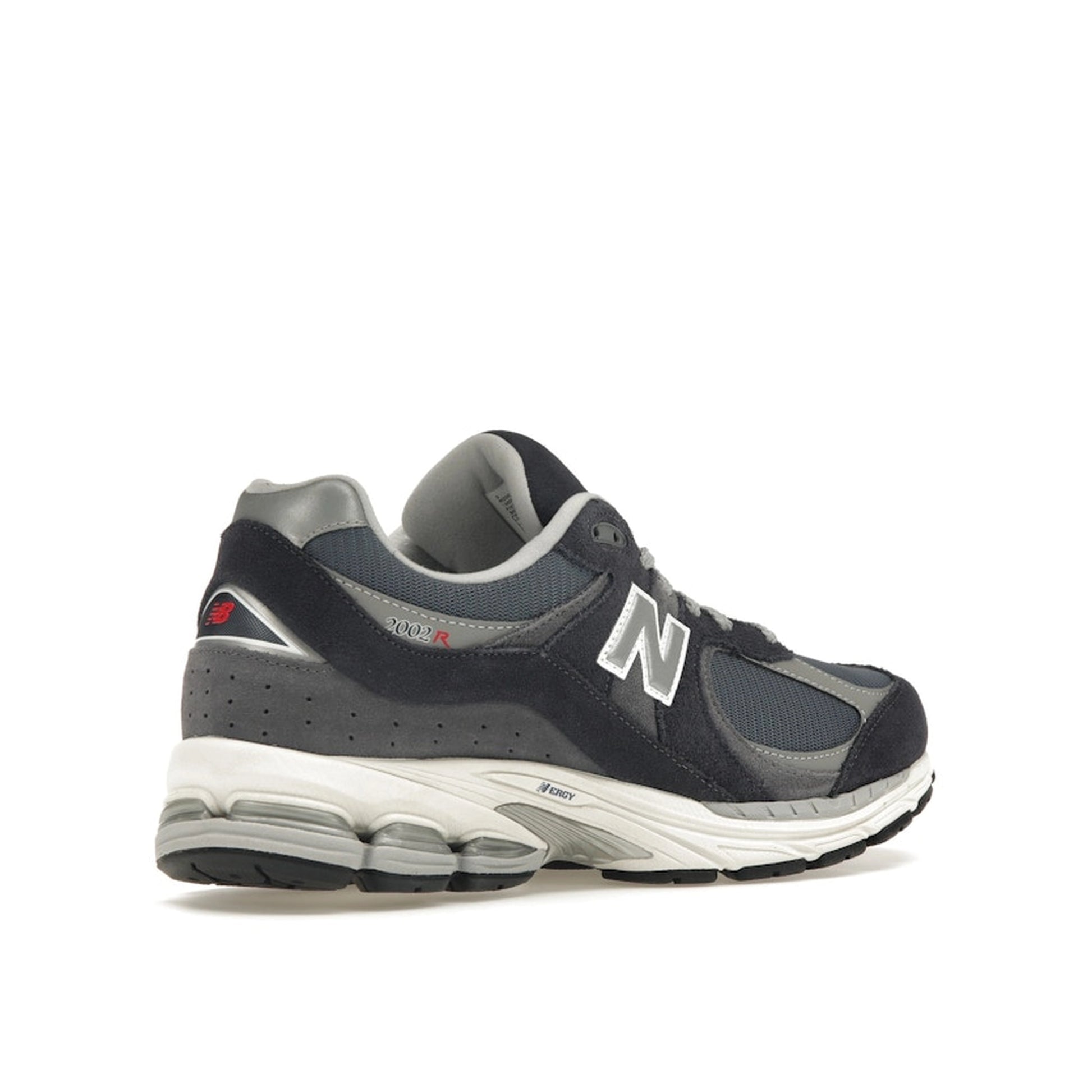 New Balance 2002R, back view, in eclipse and raincloud with suede and mesh upper.