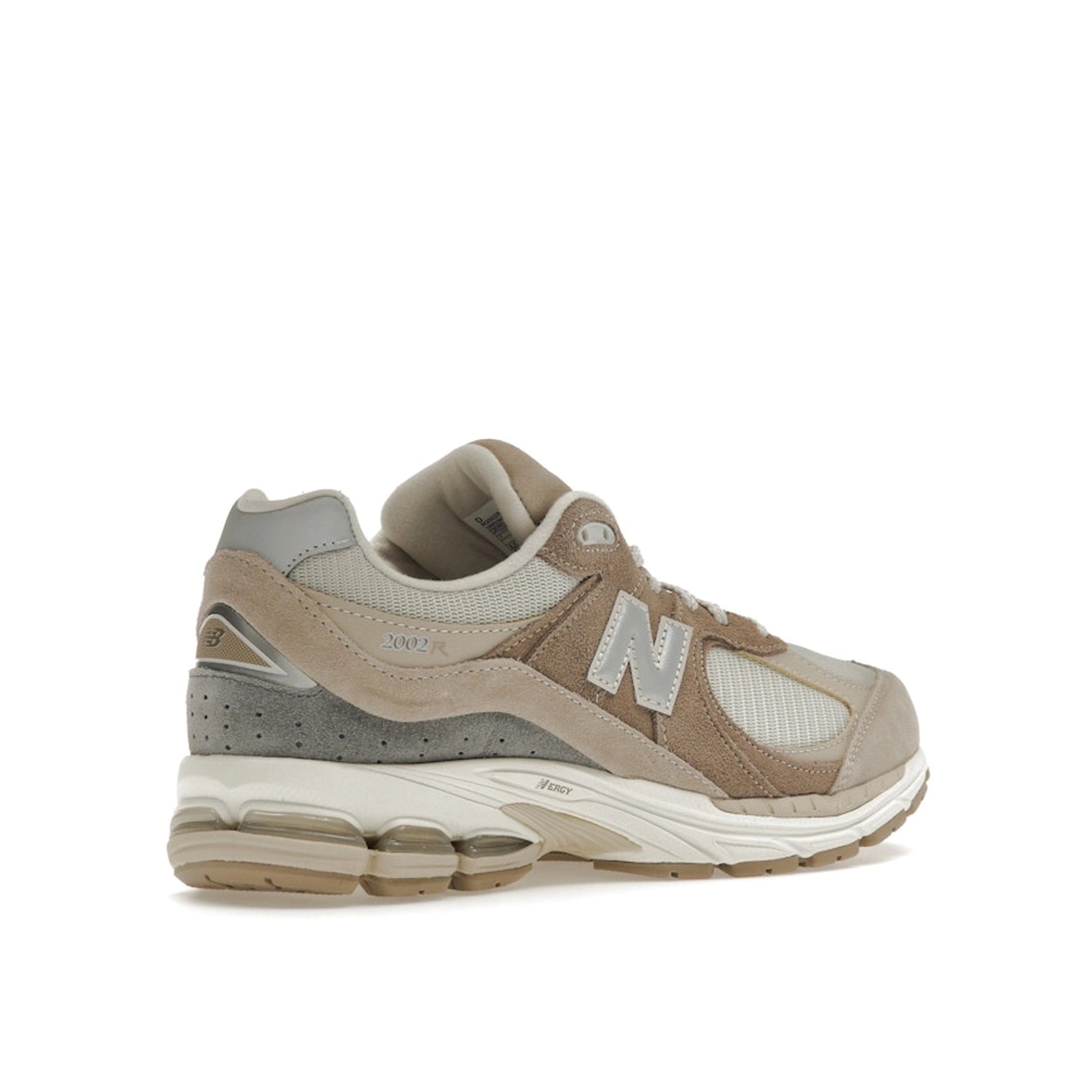 New Balance 2002R Driftwood Sandstone sneakers, back view, in beige and tan tones.